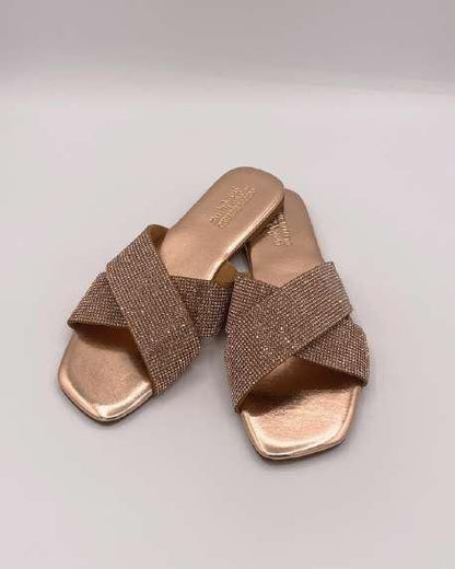 CRYSTAL CROSS-STRAP SLIDES