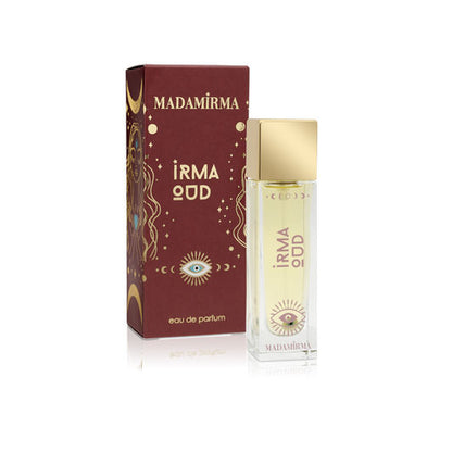 Profumo Irma Oud Madamirma: flacone sottile con tappo dorato e confezione.