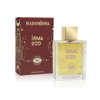 Profumo Irma Oud Madamirma: flacone con tappo dorato e confezione bordeaux.
